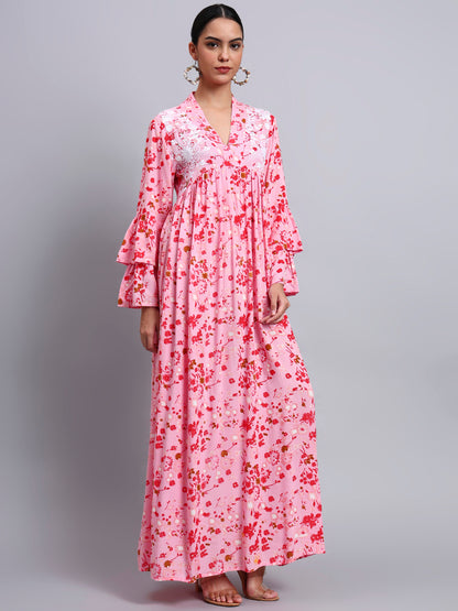 Women Embroided Floral Printed Rayon Jalabiya-AL4098B Pink