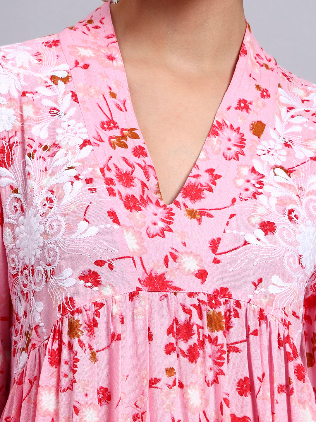 Women Embroided Floral Printed Rayon Jalabiya-AL4098B Pink