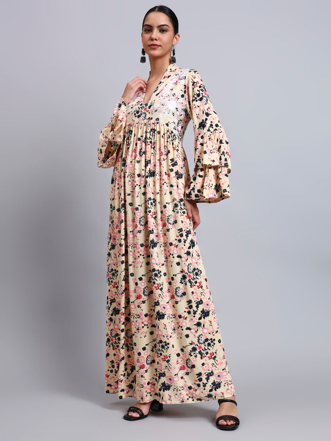 Women Embroided Floral Printed Rayon Jalabiya-AL4098B Biege