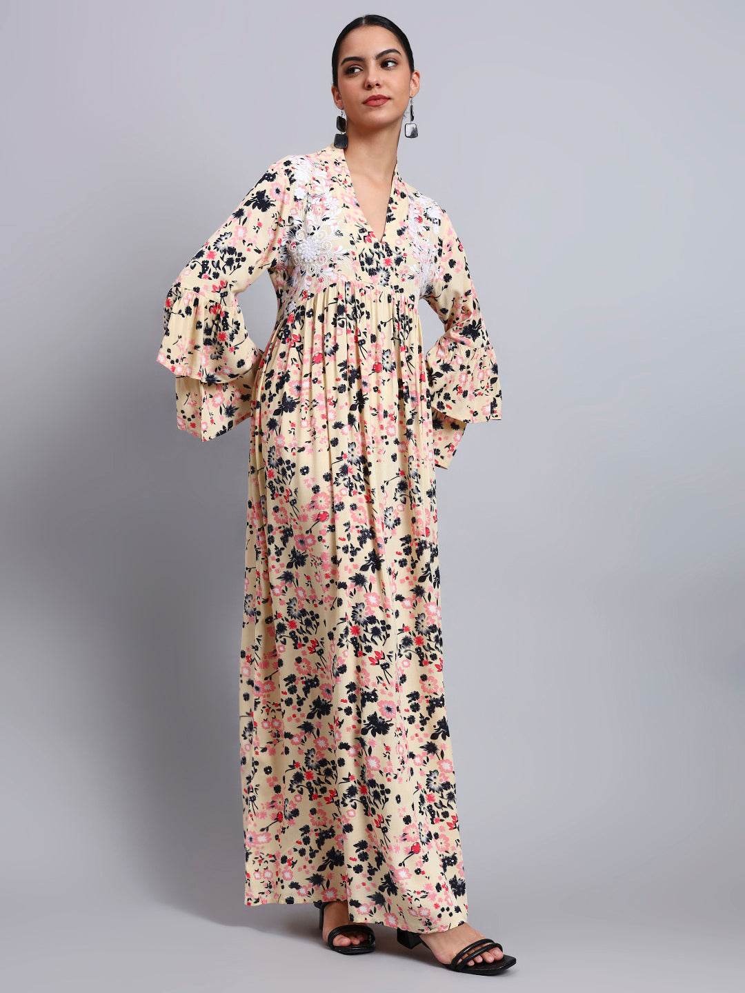 Women Embroided Floral Printed Rayon Jalabiya-AL4098B Biege