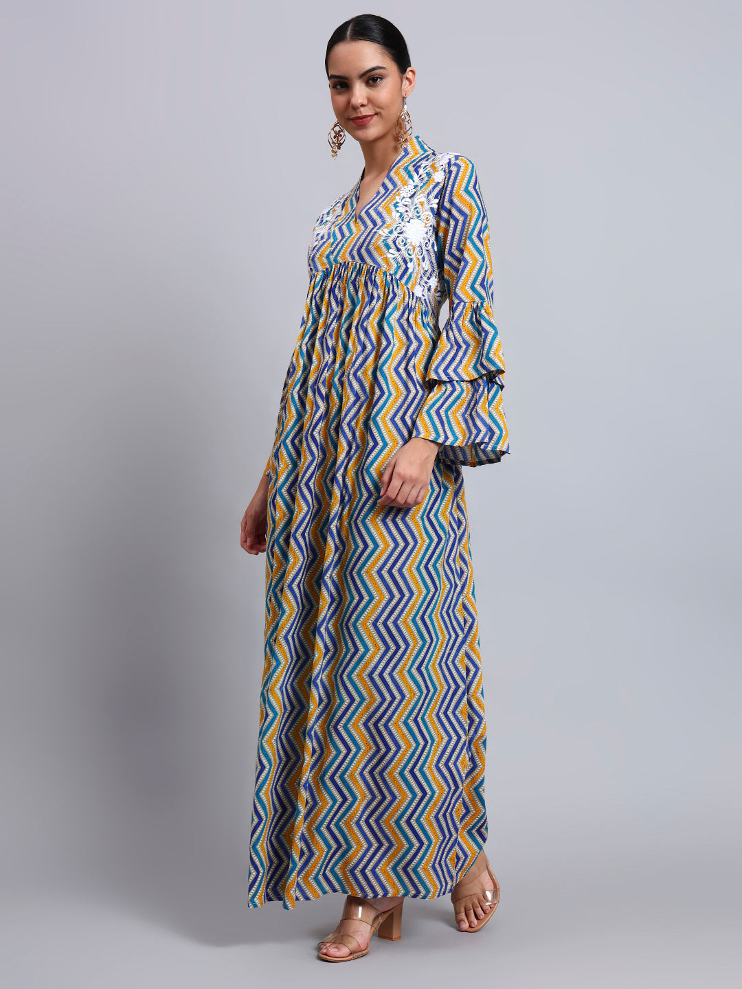 Women Embroided Mul Printed Cotton Jalabiya-AL4098A Blue