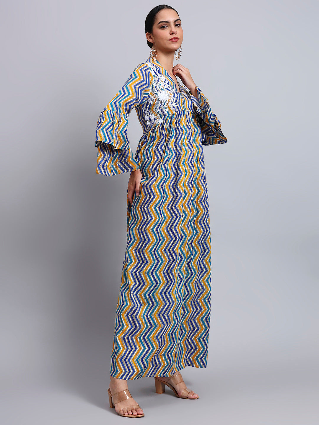 Women Embroided Mul Printed Cotton Jalabiya-AL4098A Blue