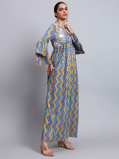 Women Embroided Mul Printed Cotton Jalabiya-AL4098A Blue