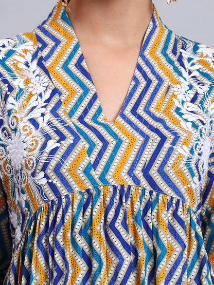Women Embroided Mul Printed Cotton Jalabiya-AL4098A Blue