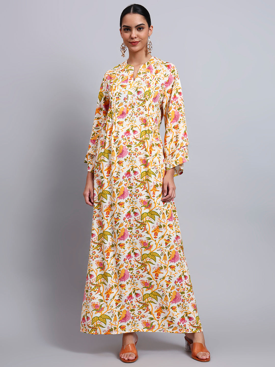 Women Floral Printed Rayon Jalabiya with Flared Sleeves-AL4005A Yellow