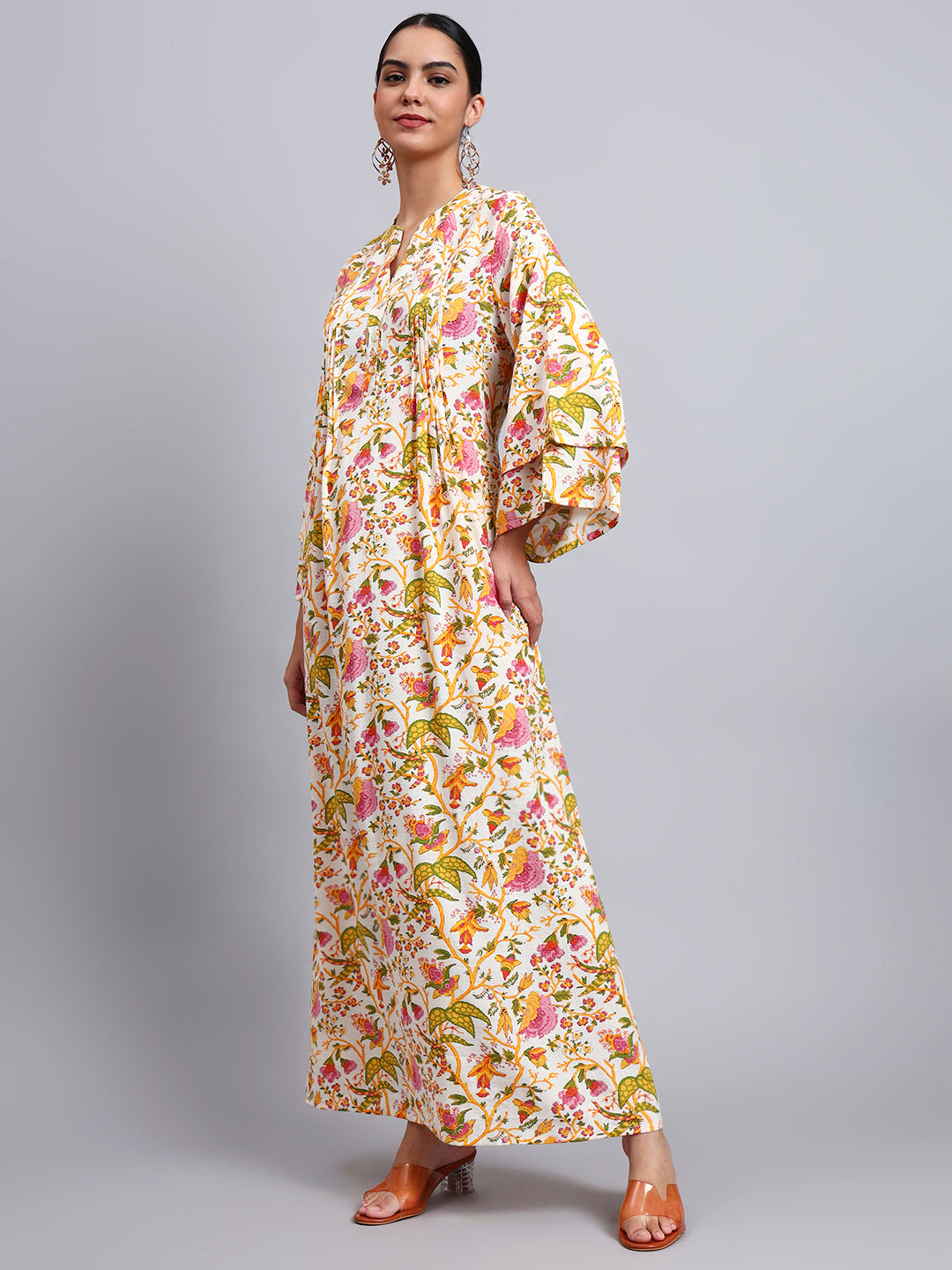 Women Floral Printed Rayon Jalabiya with Flared Sleeves-AL4005A Yellow
