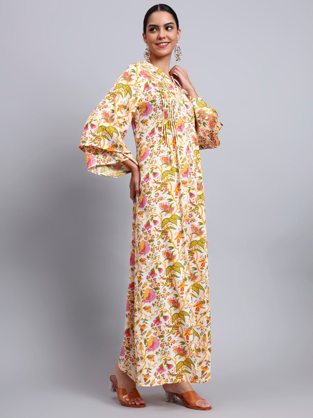 Women Floral Printed Rayon Jalabiya with Flared Sleeves-AL4005A Yellow