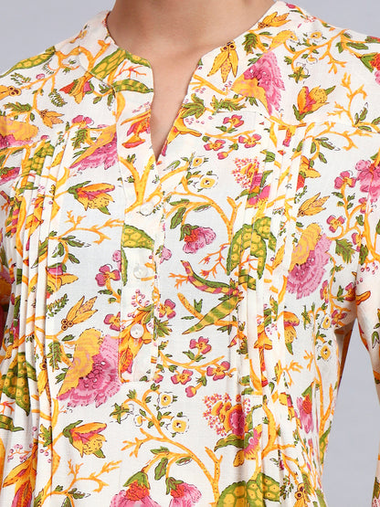 Women Floral Printed Rayon Jalabiya with Flared Sleeves-AL4005A Yellow
