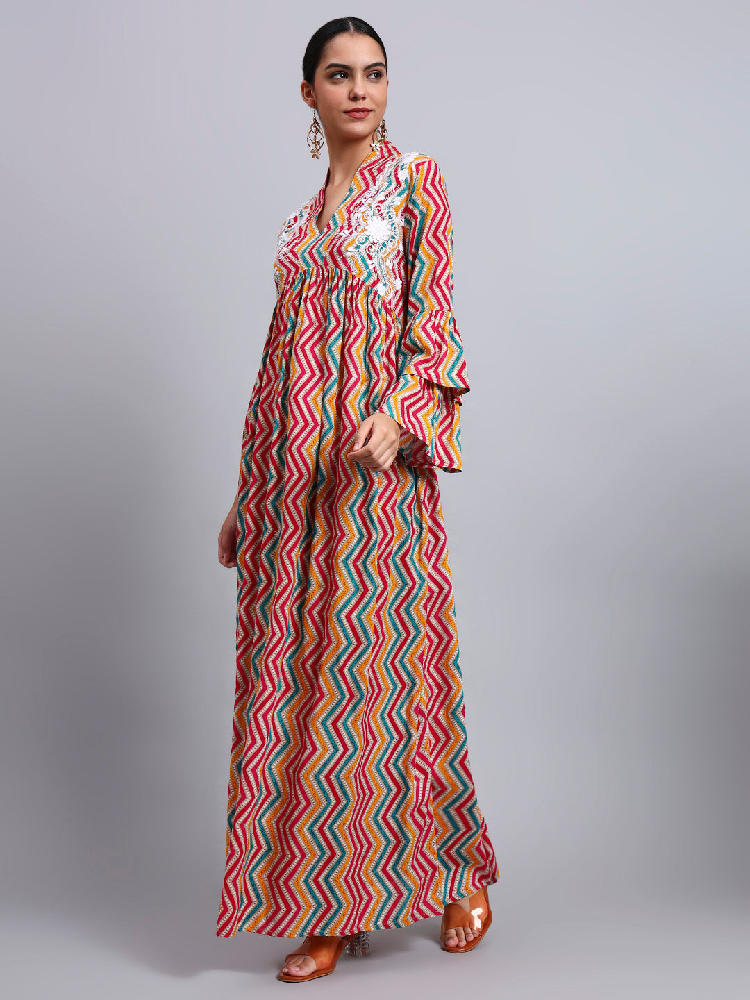 Women Embroided Mul Printed Cotton Jalabiya-AL4098A Magenta