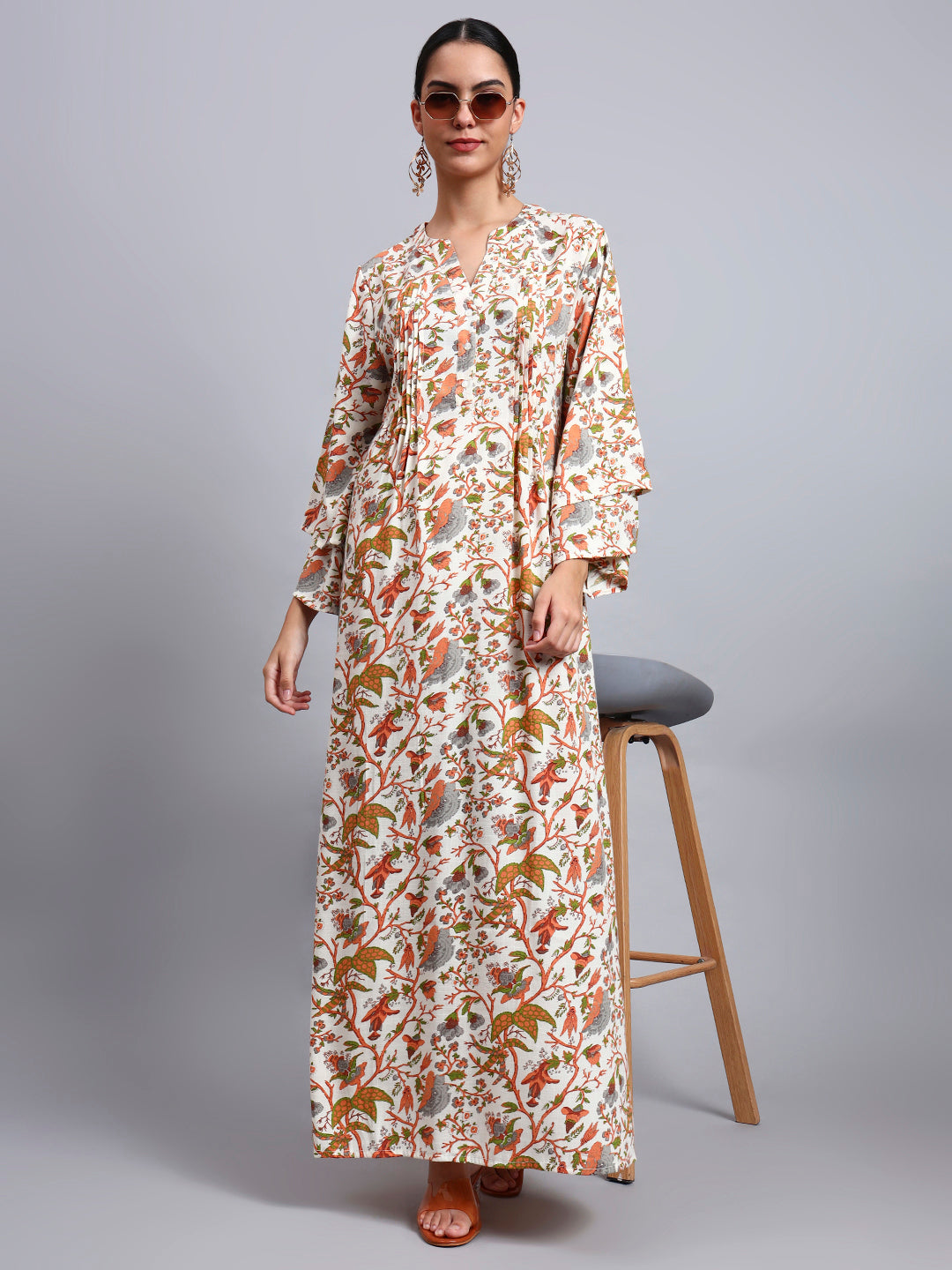 Women Floral Printed Rayon Jalabiya with Flared Sleeves-AL4005A Orange