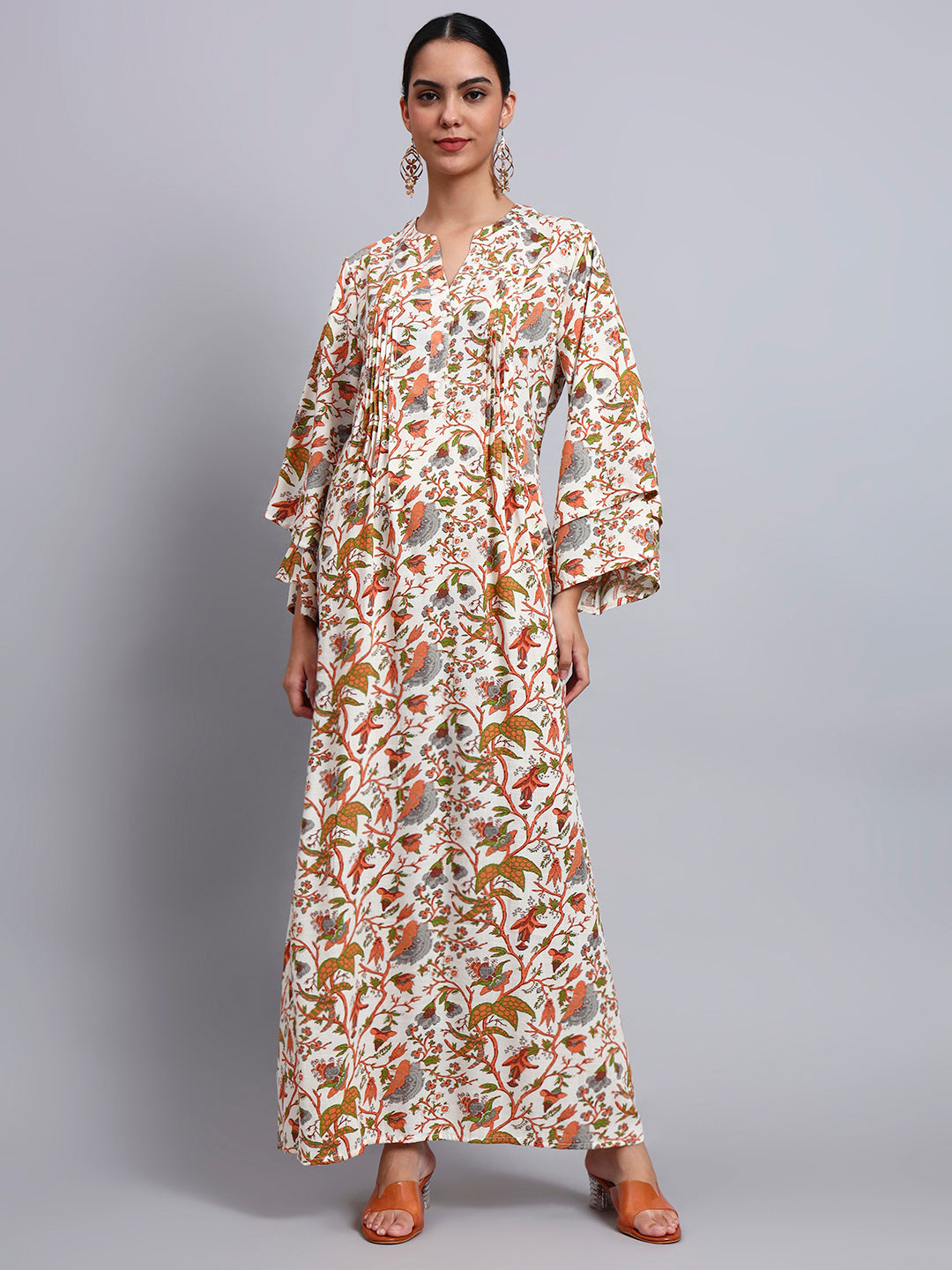 Women Floral Printed Rayon Jalabiya with Flared Sleeves-AL4005A Orange