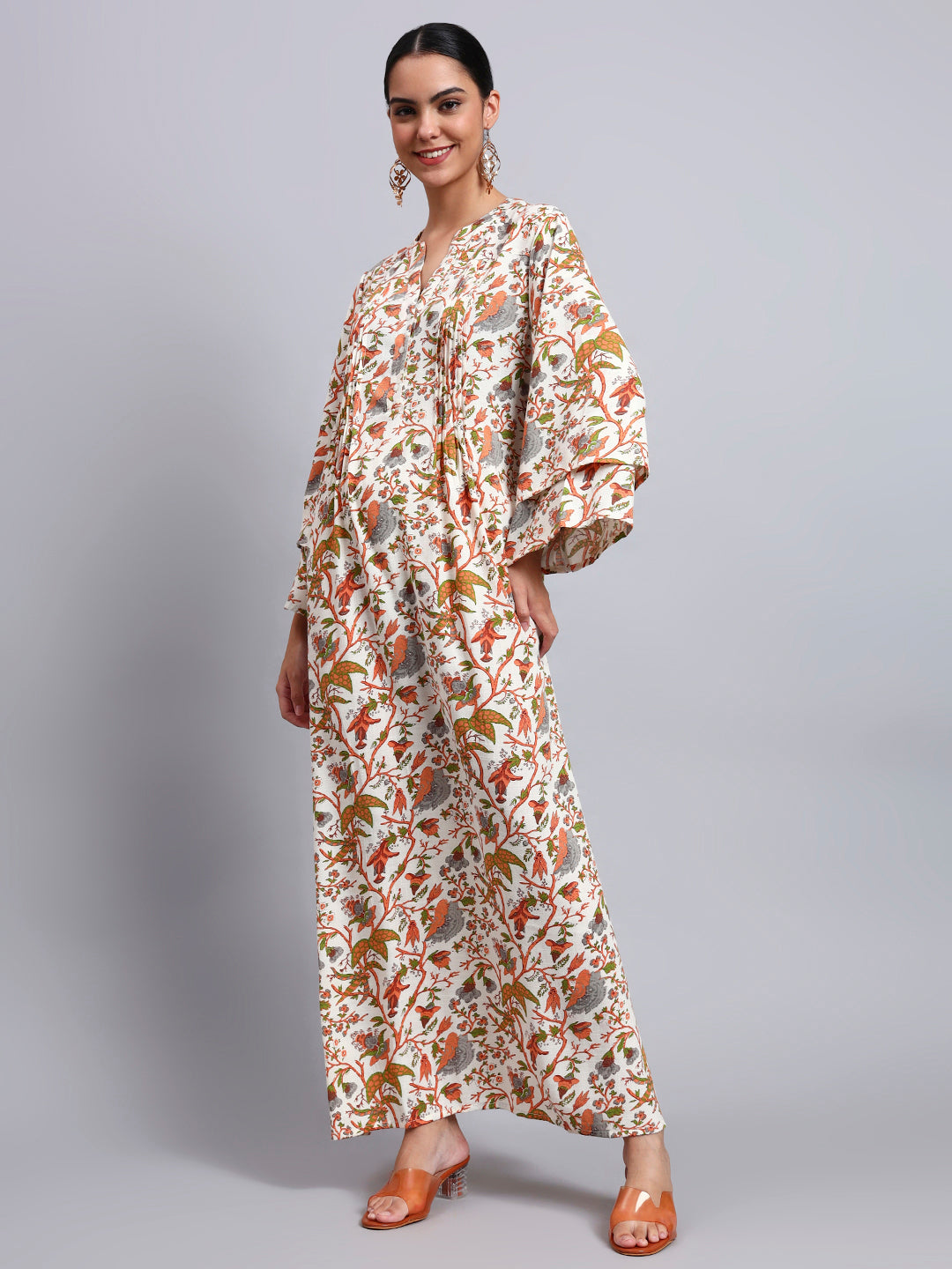 Women Floral Printed Rayon Jalabiya with Flared Sleeves-AL4005A Orange