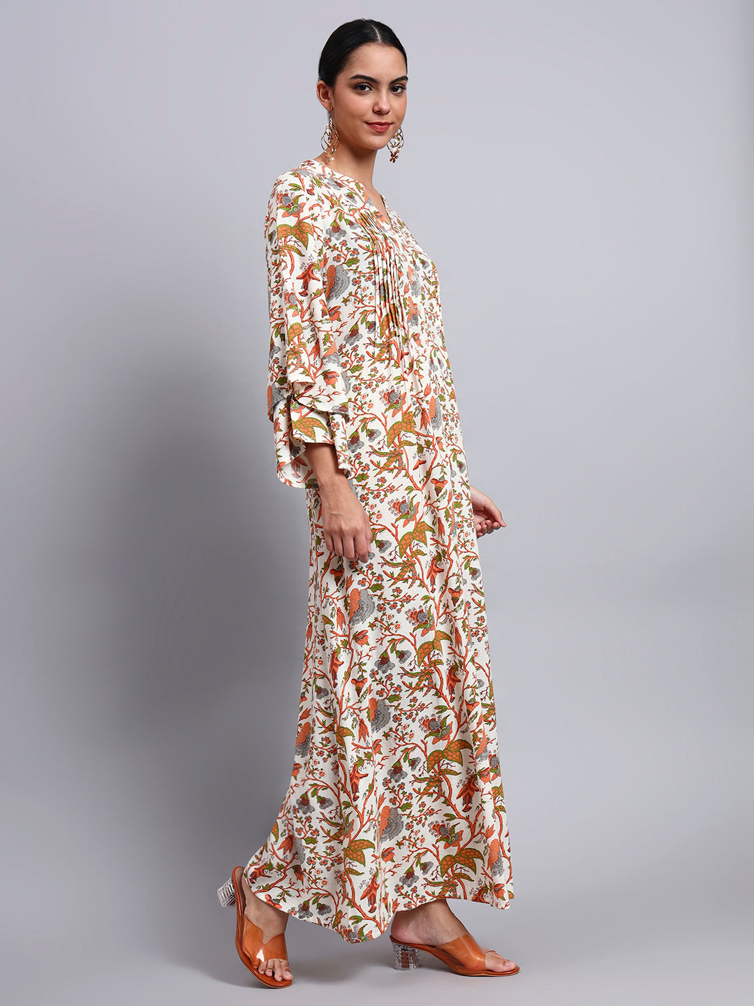 Women Floral Printed Rayon Jalabiya with Flared Sleeves-AL4005A Orange
