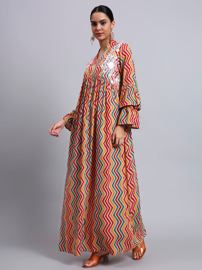 Women Embroided Mul Printed Cotton Jalabiya-AL4098A Red