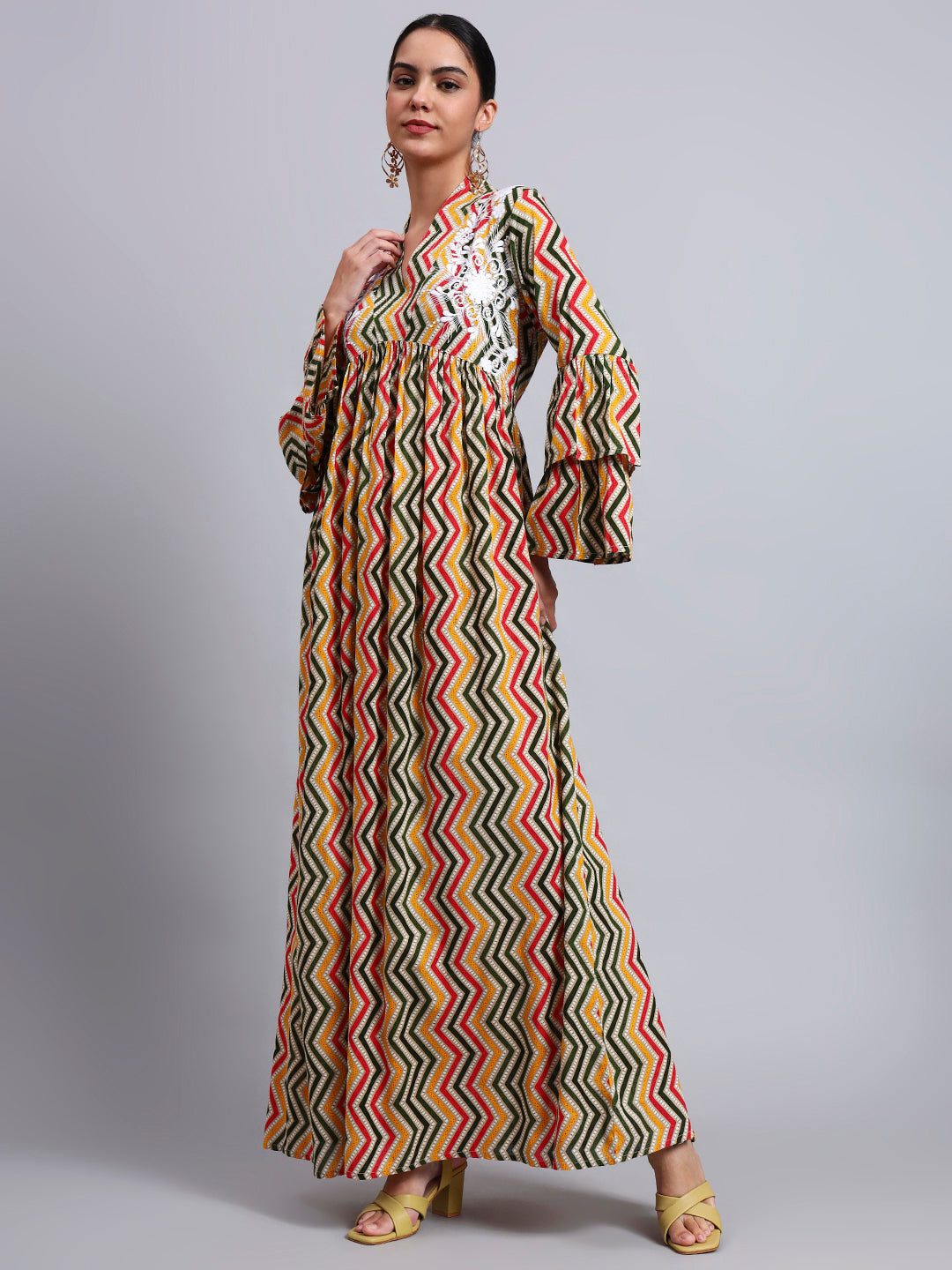 Women Embroided Mul Printed Cotton Jalabiya-AL4098A Green