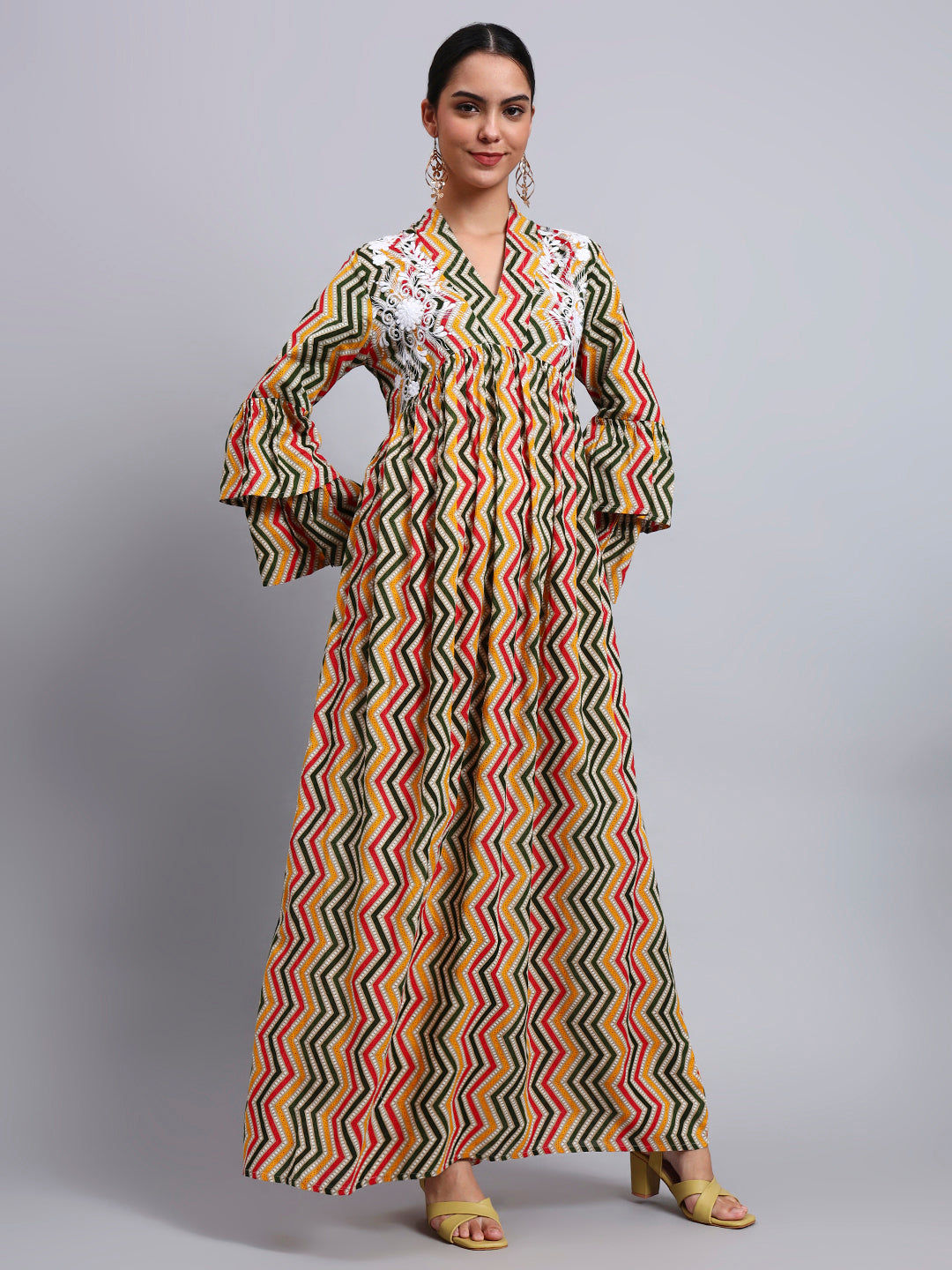Women Embroided Mul Printed Cotton Jalabiya-AL4098A Green