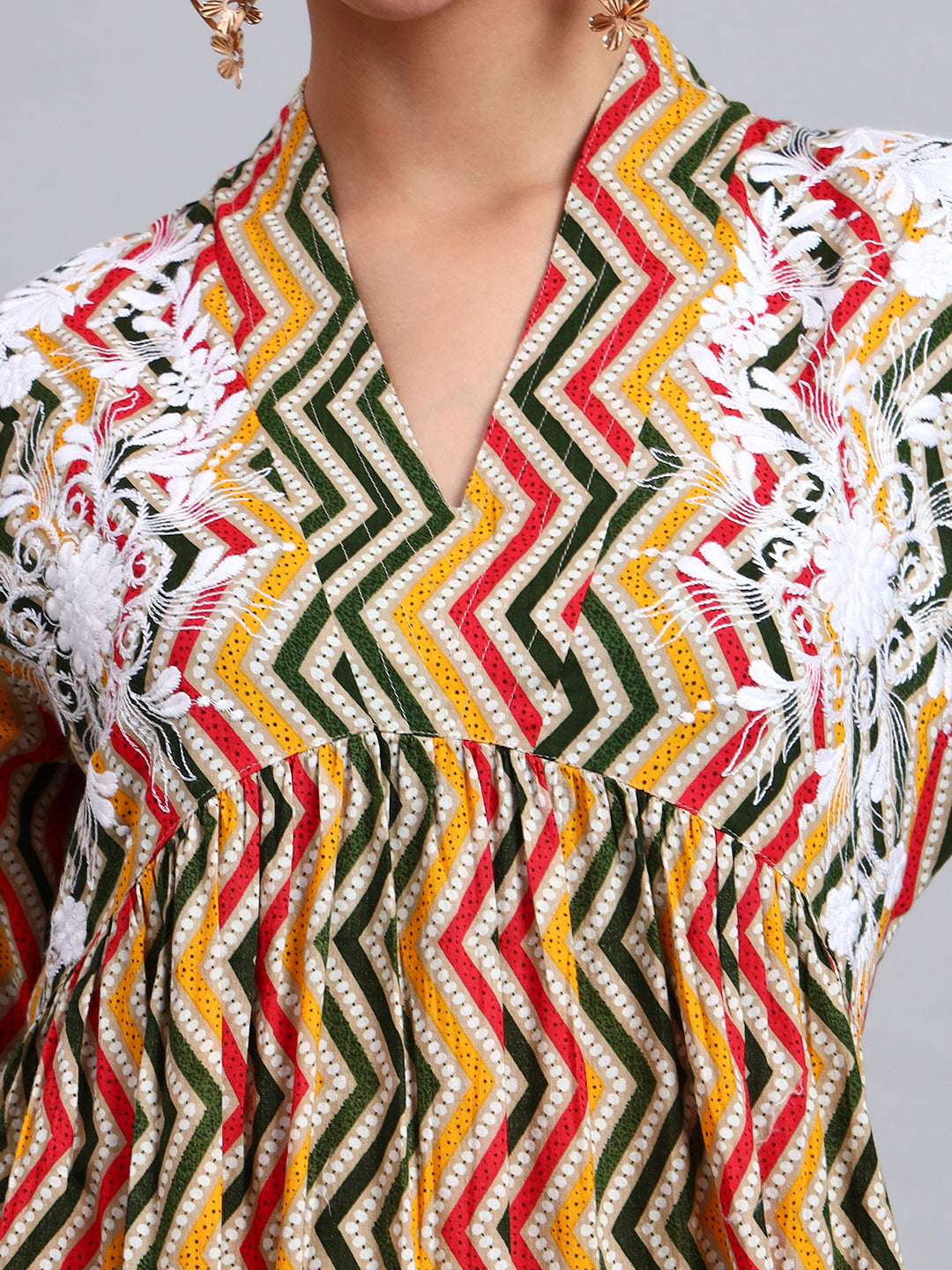 Women Embroided Mul Printed Cotton Jalabiya-AL4098A Green