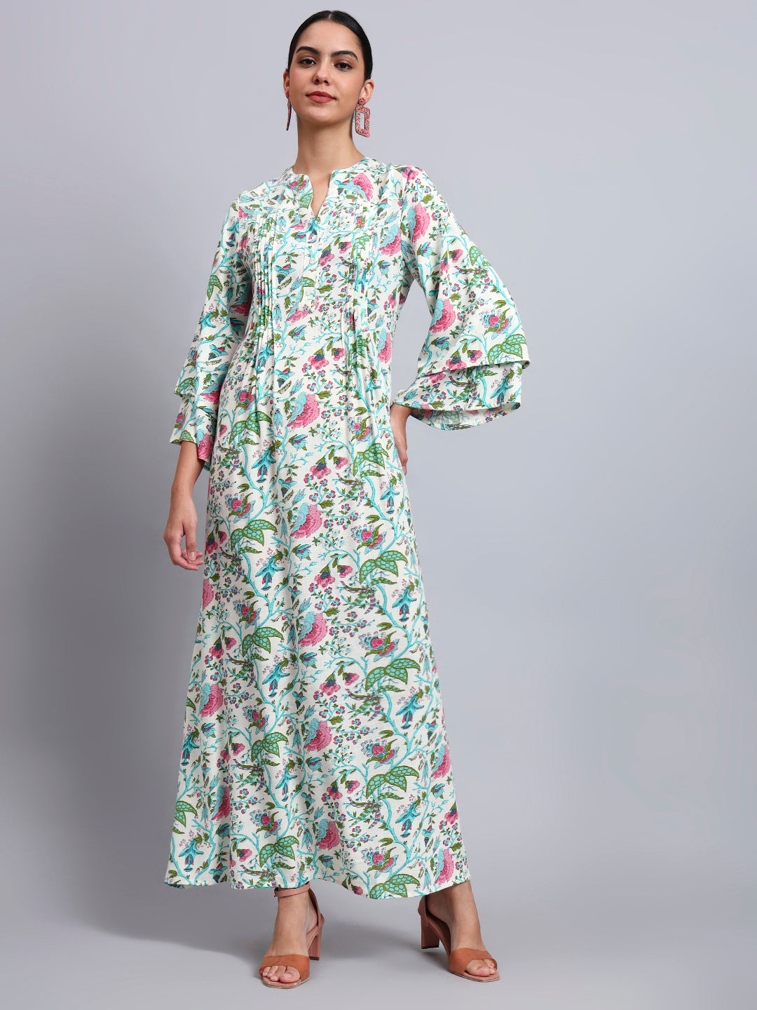 Women Floral Printed Rayon Jalabiya with Flared Sleeves-AL4005A Seagreen