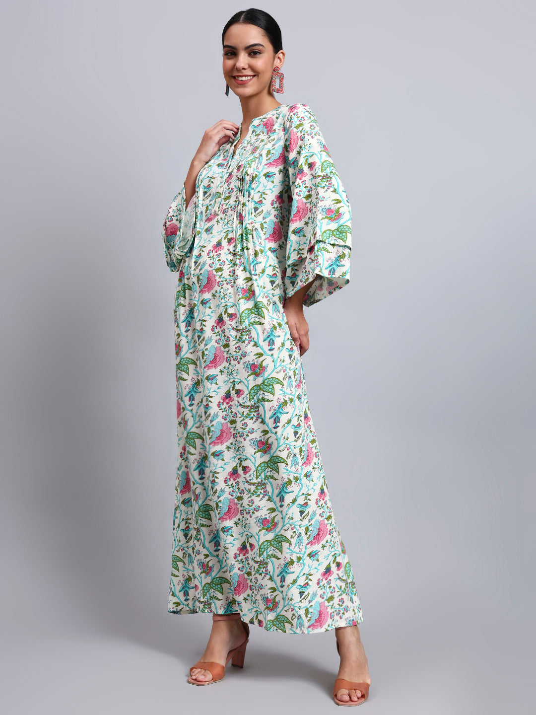 Women Floral Printed Rayon Jalabiya with Flared Sleeves-AL4005A Seagreen