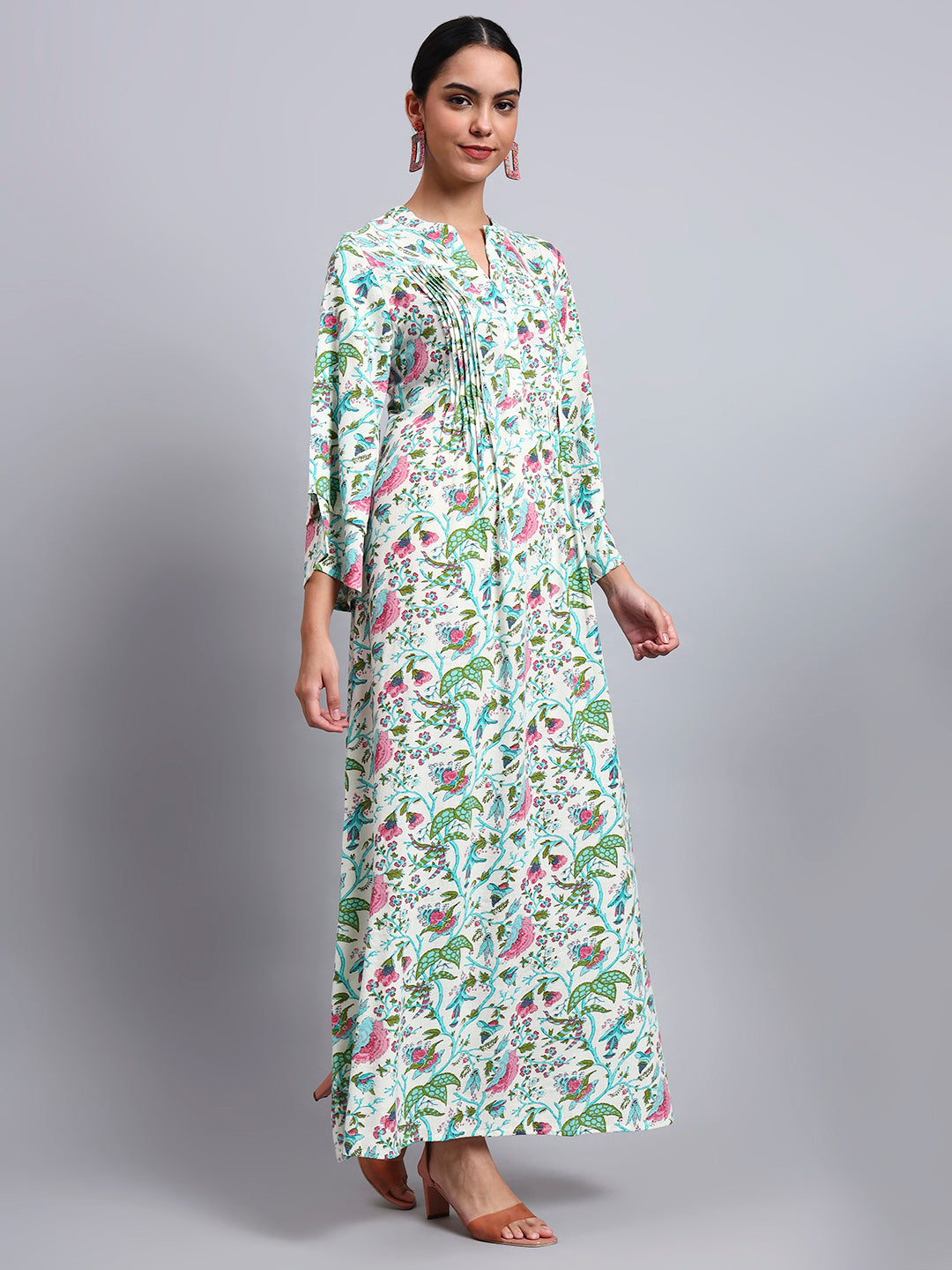 Women Floral Printed Rayon Jalabiya with Flared Sleeves-AL4005A Seagreen