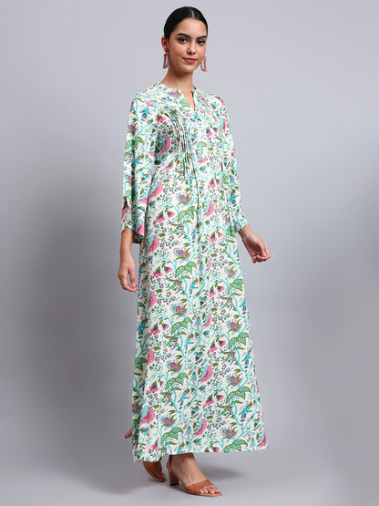 Women Floral Printed Rayon Jalabiya with Flared Sleeves-AL4005A Seagreen