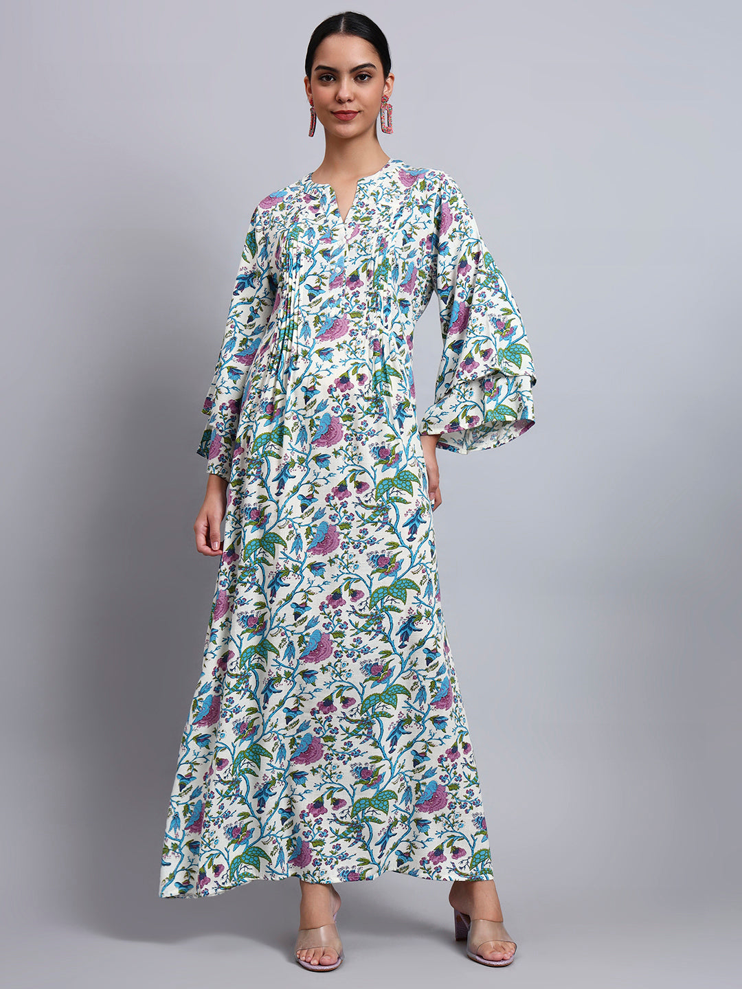 Women Floral Printed Rayon Jalabiya with Flared Sleeves-AL4005A Blue