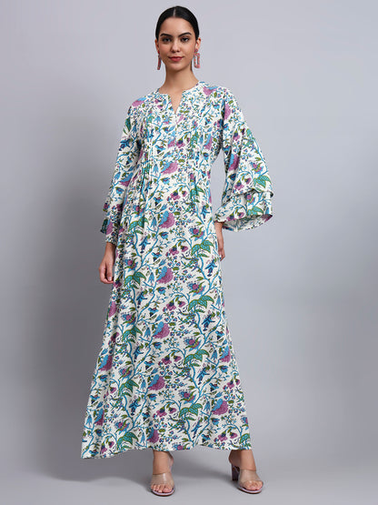 Women Floral Printed Rayon Jalabiya with Flared Sleeves-AL4005A Blue