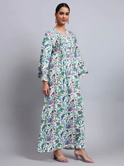 Women Floral Printed Rayon Jalabiya with Flared Sleeves-AL4005A Blue