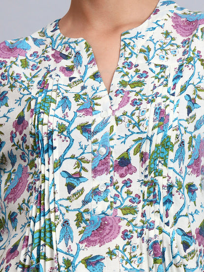 Women Floral Printed Rayon Jalabiya with Flared Sleeves-AL4005A Blue