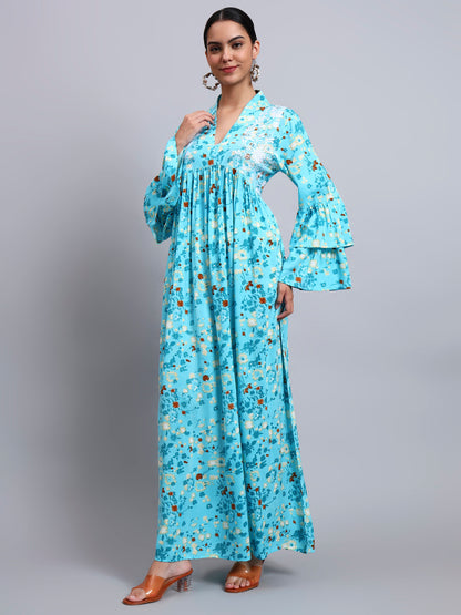 Women Embroided Floral Printed Rayon Jalabiya-AL4098B Turquoise