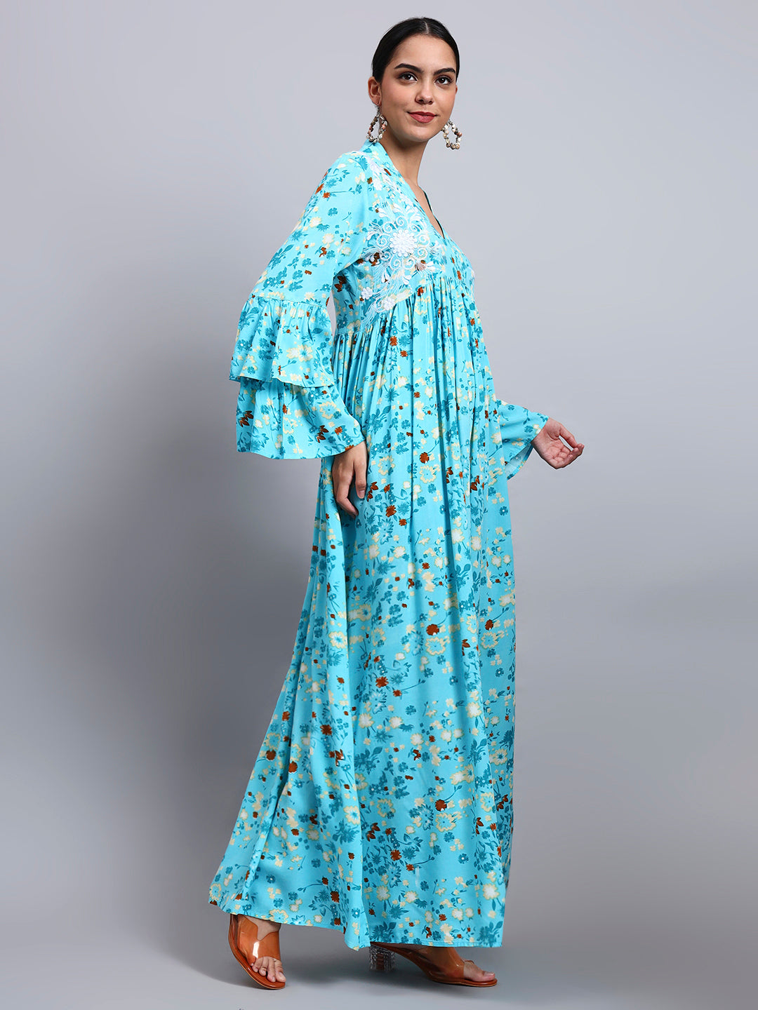 Women Embroided Floral Printed Rayon Jalabiya-AL4098B Turquoise