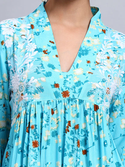 Women Embroided Floral Printed Rayon Jalabiya-AL4098B Turquoise
