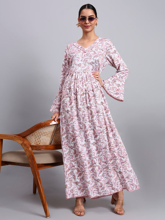 Women Floral Printed Rayon Jalabiya with Flared Sleeves & V-Neckline-AL4011 Dustypink