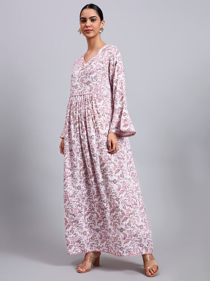 Women Floral Printed Rayon Jalabiya with Flared Sleeves & V-Neckline-AL4011 Dustypink