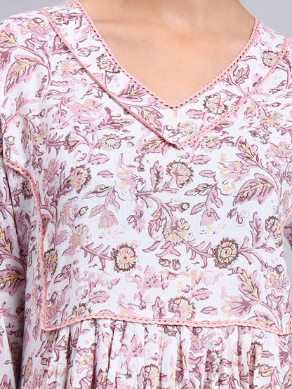 Women Floral Printed Rayon Jalabiya with Flared Sleeves & V-Neckline-AL4011 Dustypink