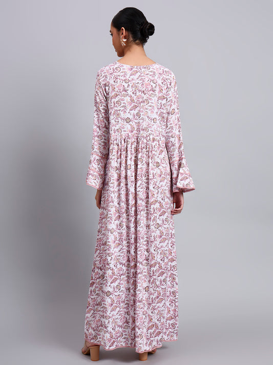 Women Floral Printed Rayon Jalabiya with Flared Sleeves & V-Neckline-AL4011 Dustypink