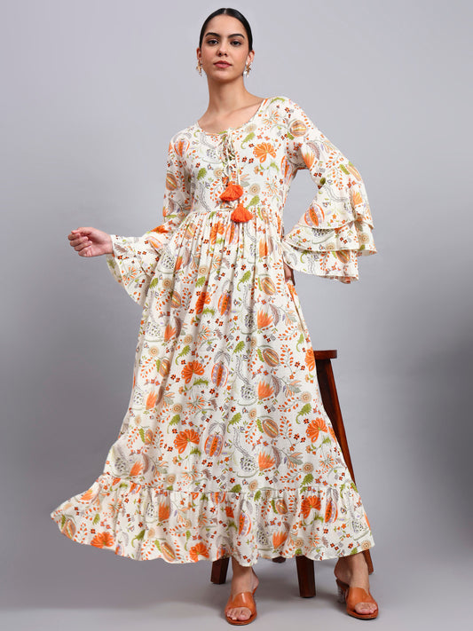 Women Floral Printed Rayon Jalabiya with Lace-Up Neckline-AL4006 Orange