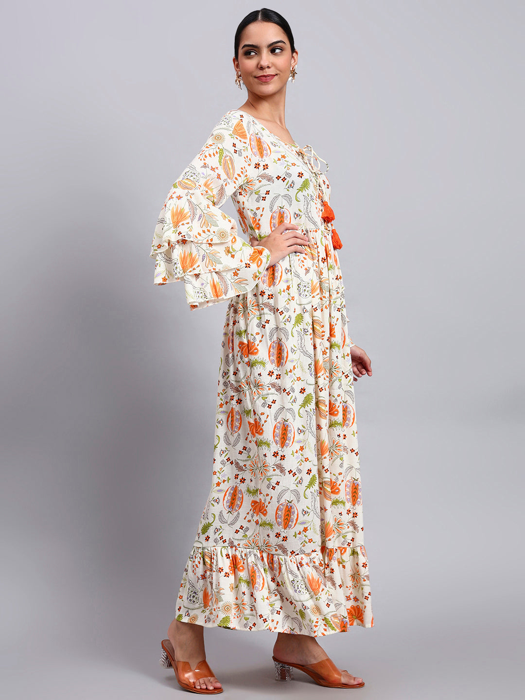 Women Floral Printed Rayon Jalabiya with Lace-Up Neckline-AL4006 Orange