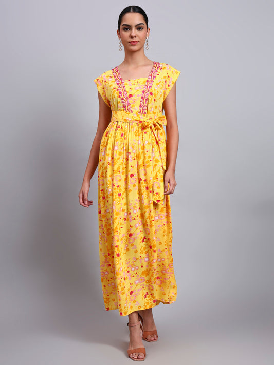 Women Floral Printed Cotton Jalabiya with Cap Sleeves & Square Neckline-AL4010 Yellow