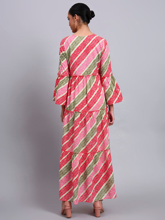 Women Printed Cotton Jalabiya with Bell Sleeves & Square Neckline-AL4050 Coral
