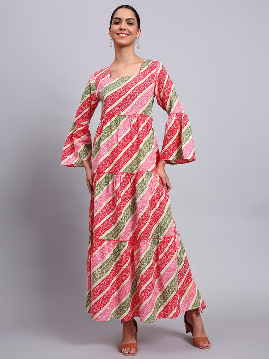 Women Printed Cotton Jalabiya with Bell Sleeves & Square Neckline-AL4050 Coral