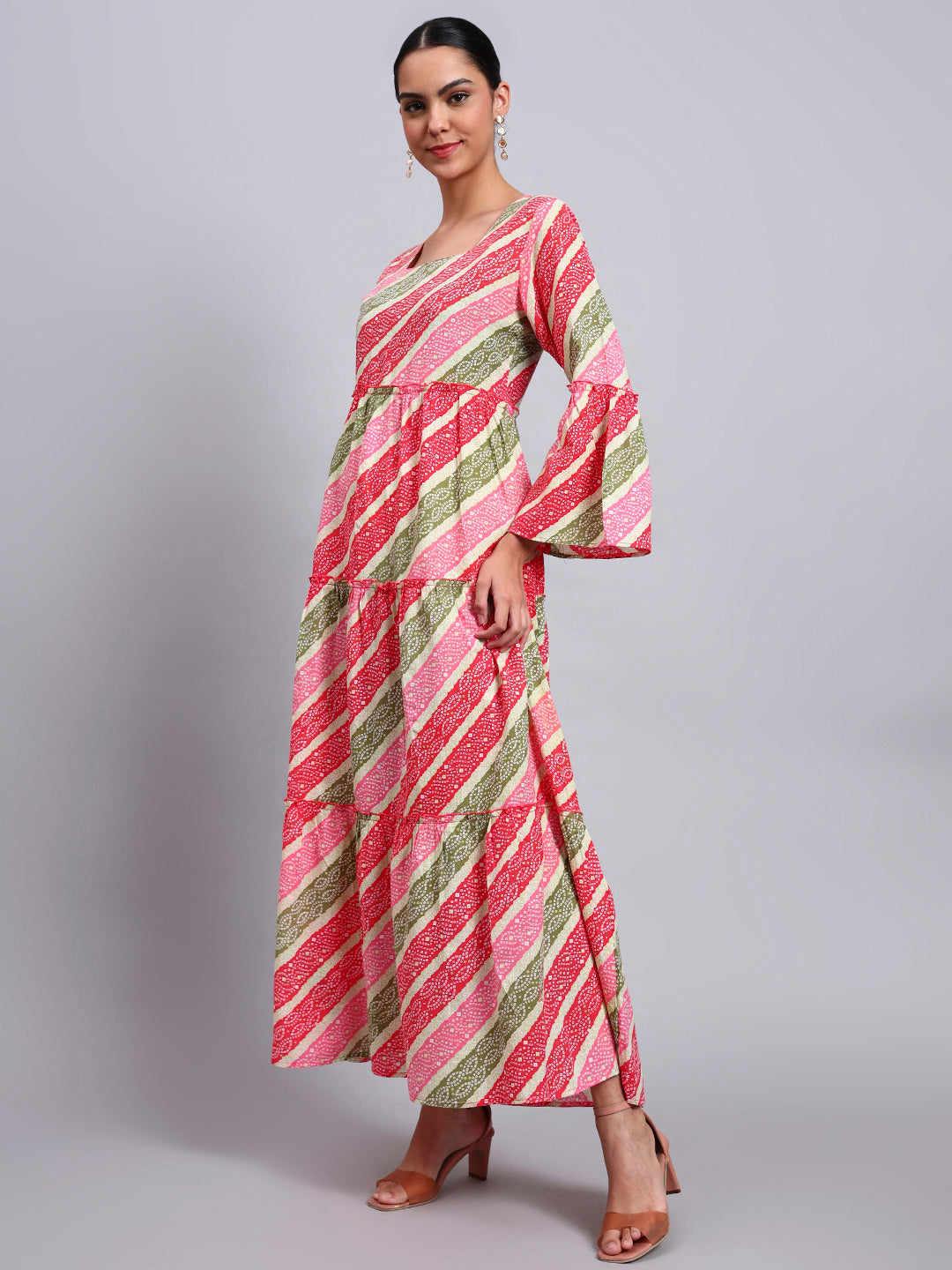 Women Printed Cotton Jalabiya with Bell Sleeves & Square Neckline-AL4050 Coral