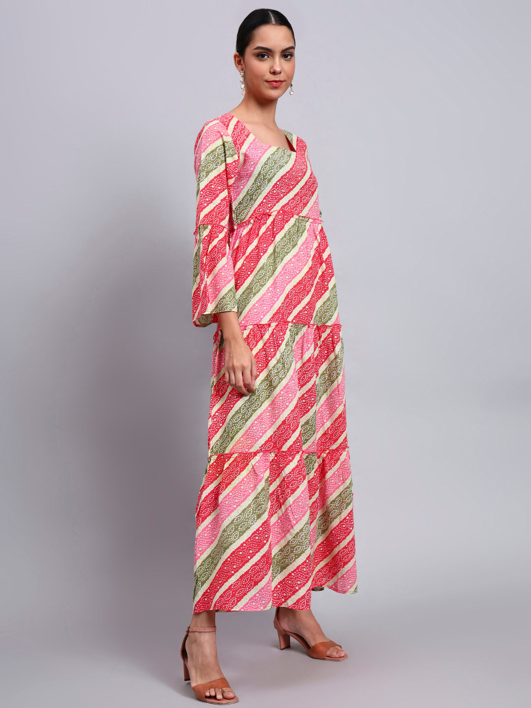 Women Printed Cotton Jalabiya with Bell Sleeves & Square Neckline-AL4050 Coral