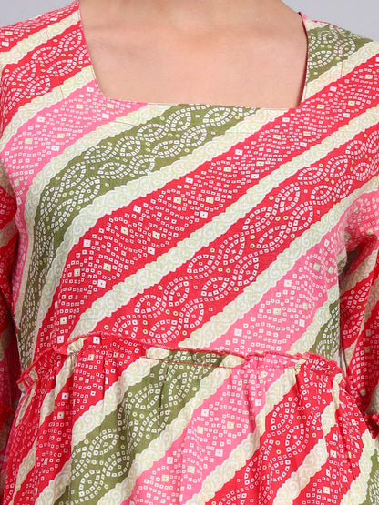 Women Printed Cotton Jalabiya with Bell Sleeves & Square Neckline-AL4050 Coral