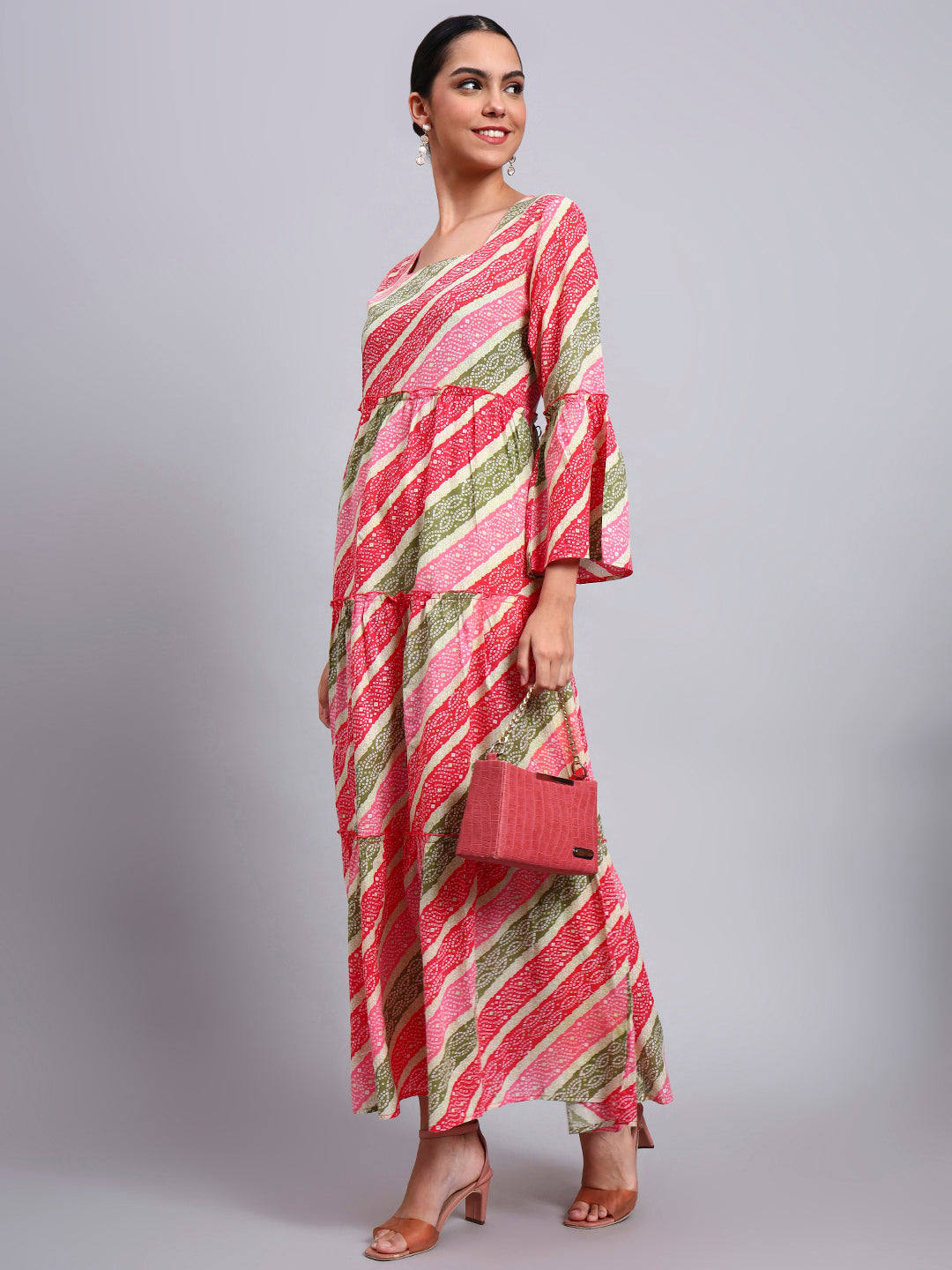 Women Printed Cotton Jalabiya with Bell Sleeves & Square Neckline-AL4050 Coral