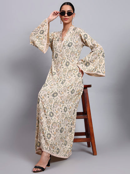 Women Beige Floral Printed Rayon Jalabiya with Bell Sleeves & V-Neckline-AL4007