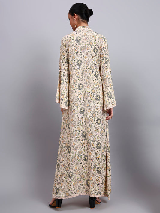 Women Beige Floral Printed Rayon Jalabiya with Bell Sleeves & V-Neckline-AL4007