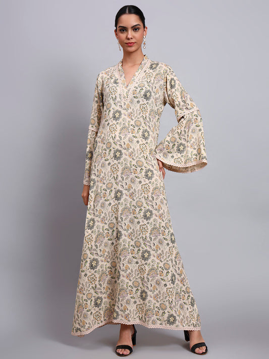 Women Beige Floral Printed Rayon Jalabiya with Bell Sleeves & V-Neckline-AL4007