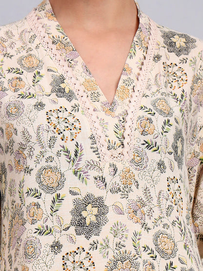 Women Beige Floral Printed Rayon Jalabiya with Bell Sleeves & V-Neckline-AL4007
