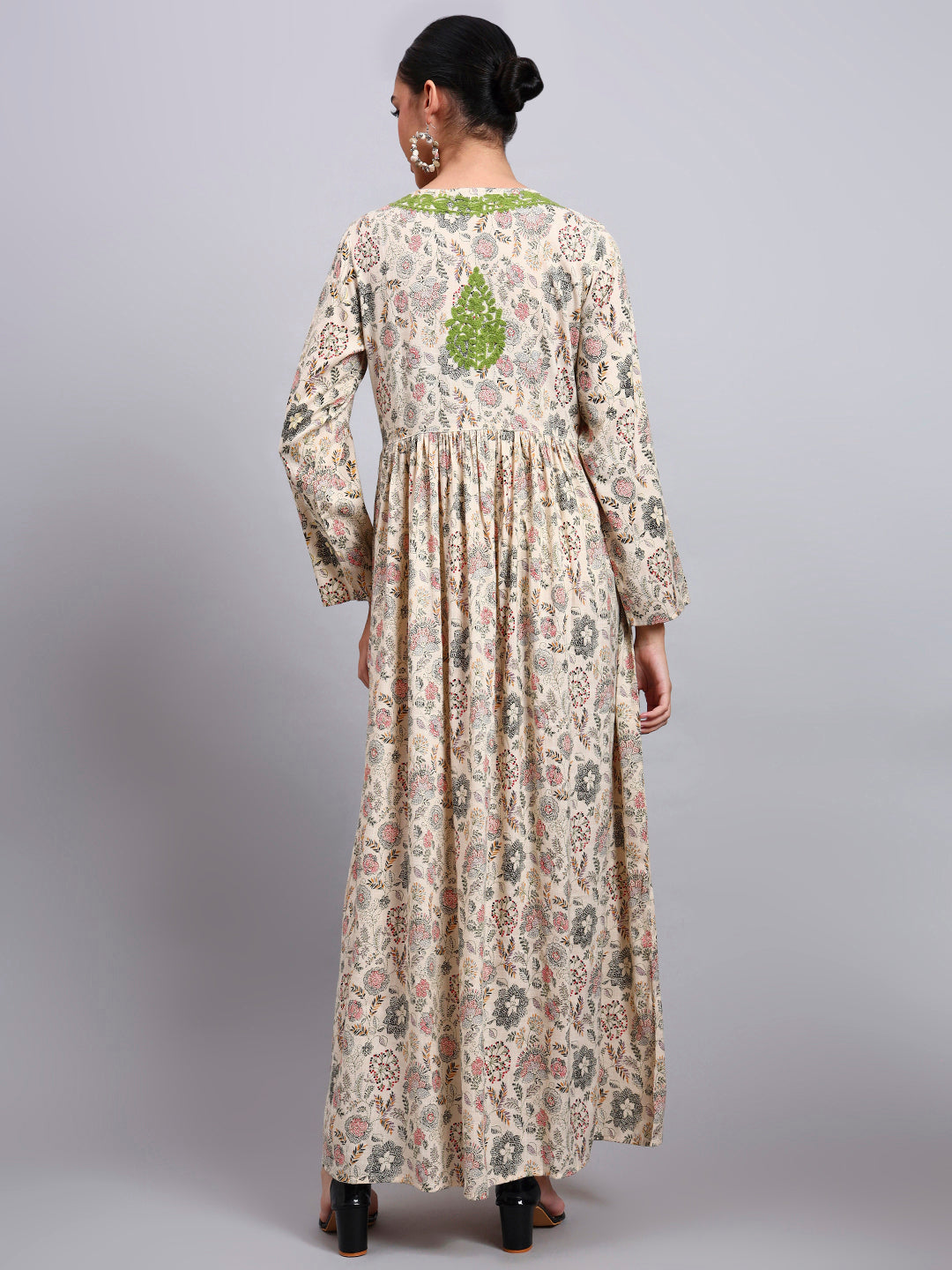 Women's Printed Rayon Jalabiya with Embroidered Neck-AL4067 Beige
